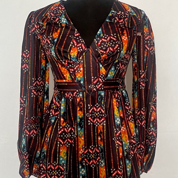 70s Dress Empire Waist Belt Tie Midi Poly Floral Pattern Puff Sleeve V Neck - Picture 1 of 9